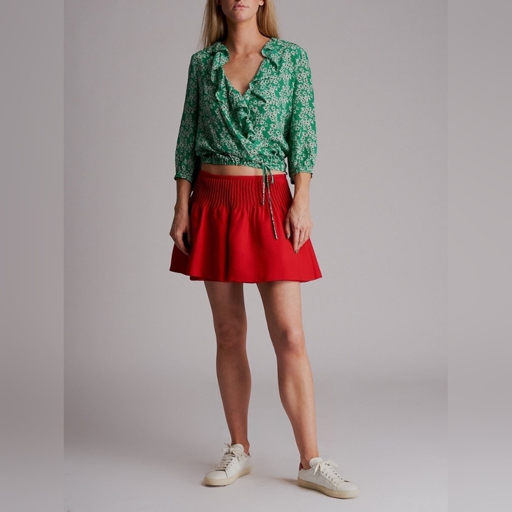 Rixo Green Silk Daisy Printed Wrap Top Blouse‎